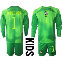 Brasil Alisson Becker #1 Keeper Fotballklær Bortedraktsett Barn VM 2022 Langermet (+ korte bukser)